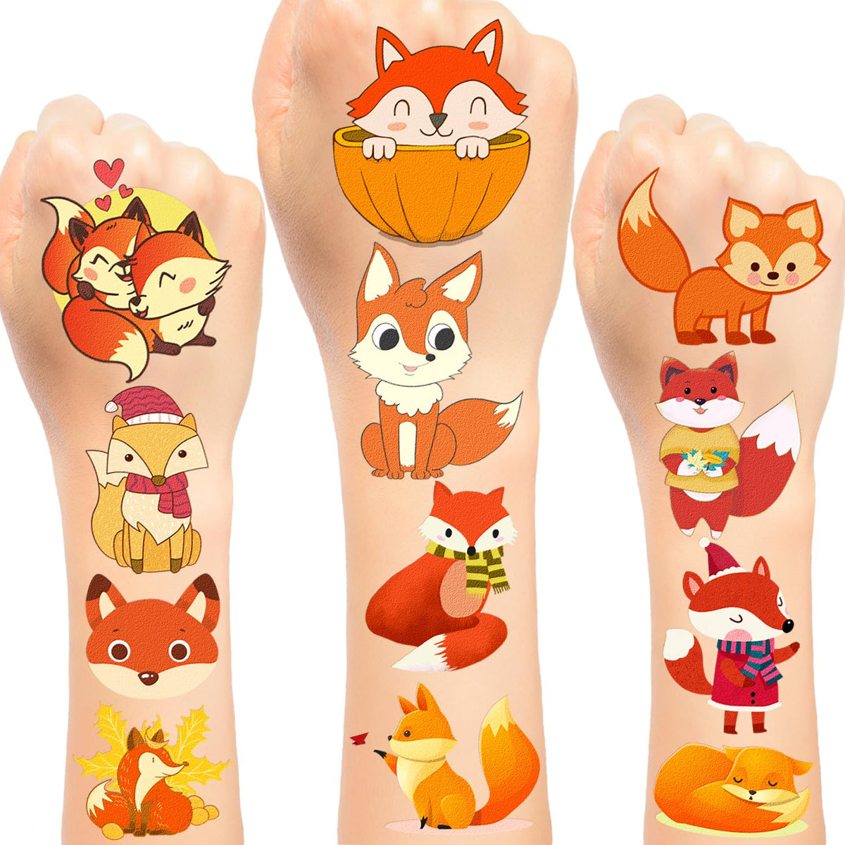120pcs Fox Temporary Tattoos Fox Party Favor Woodland Animals Cute Cartoon Waterproof Fox Temporary Tattoo Sticker For Fox Birthday Party Decorations Supplies Children Boys Girls (20 Sheets)