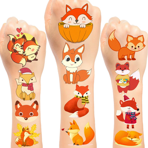 120pcs Fox Temporary Tattoos Fox Party Favor Woodland Animals Cute Cartoon Waterproof Fox Temporary Tattoo Sticker For Fox Birthday Party Decorations Supplies Children Boys Girls (20 Sheets)