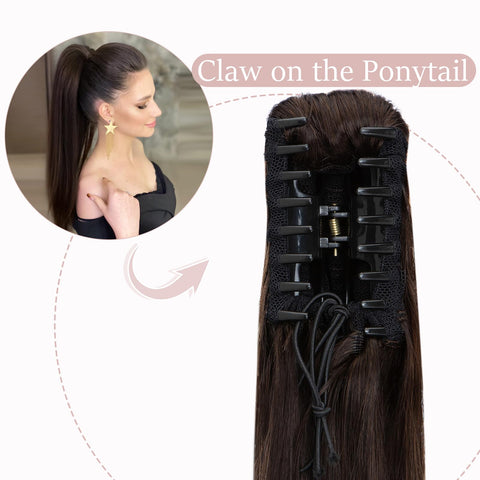SEGOHAIR Claw Clip Ponytail Hair Extensions Human Hair, 16 Inch Ponytail Extension Natural Real Hair Straight Remy Hair Extensions-Darkest Brown(115g?