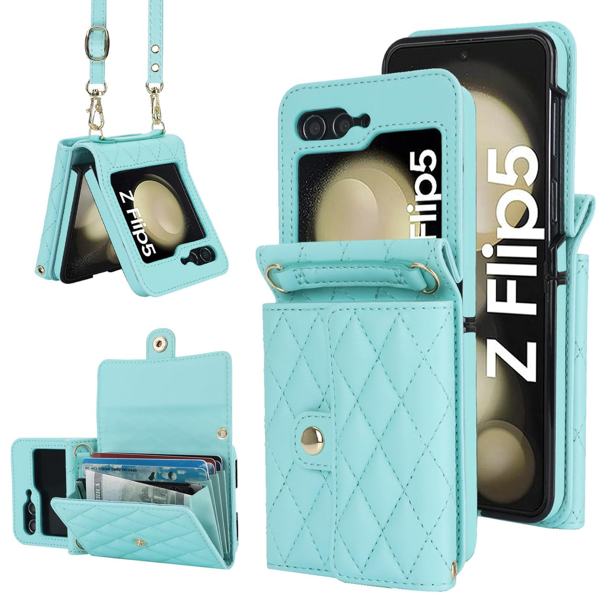 XIMAND for Samsung Galaxy Z Flip 5 Accordion Crossbody Wallet Case, 4 Card Slots, RFID Blocking, and Adjustable Strap - Stylish and Versatile Accessory for The Modern, Chic Woman (Green)