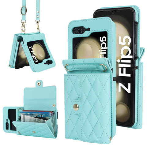 XIMAND for Samsung Galaxy Z Flip 5 Accordion Crossbody Wallet Case, 4 Card Slots, RFID Blocking, and Adjustable Strap - Stylish and Versatile Accessory for The Modern, Chic Woman (Green)