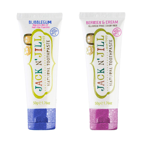 Jack N' Jill Natural Certified Toothpaste - Baby & Toddler Toothpaste, Fluoride-Free, 40% Xylitol, Organic and Sugar-Free, Safe for 6 Months and Up, Bubblegum and Berries & Cream Flavour, 2 x 50g