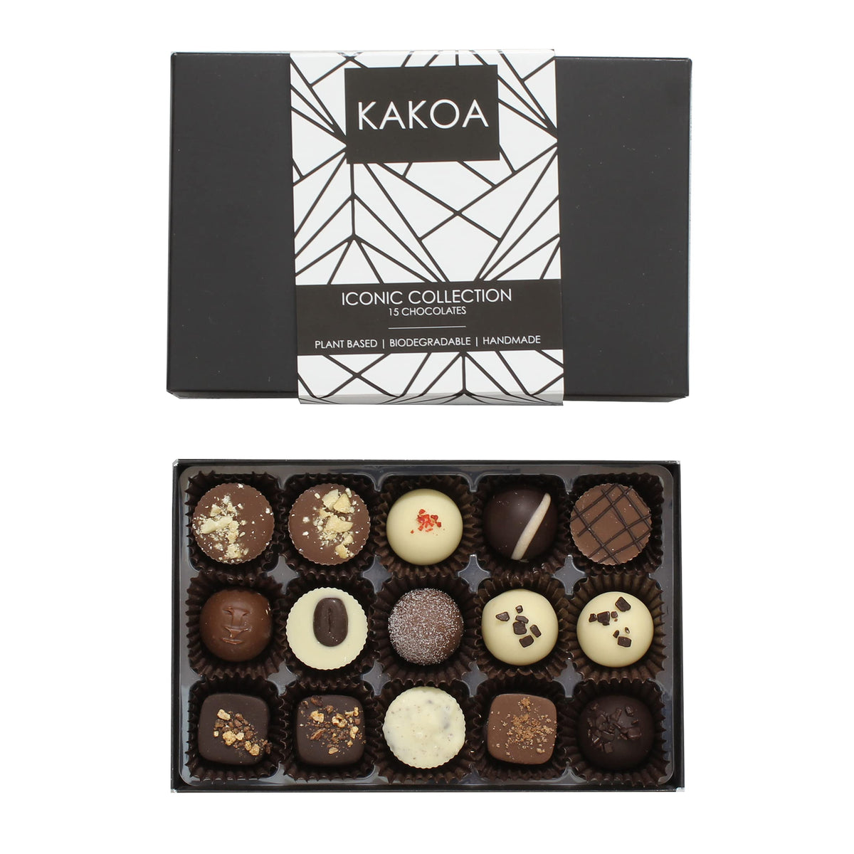 Kakoa Iconic Vegan Chocolate Selection Box - 15 Chocs | Brownie, Coffee, Caramel, Liqueur | Plant Based Luxury Chocolates For Special Occasions | Gifts for Vegans, Vegetarian, Dairy Free Diets