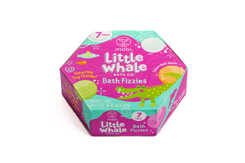 Mobi Little Whale Bath Fizzies - Made with Epsom Salts, Tropical Fruity Scents, Surprise Toy Inside, Non Toxic, Chemical Free, GMO Free - 7 Pack, Color Variety