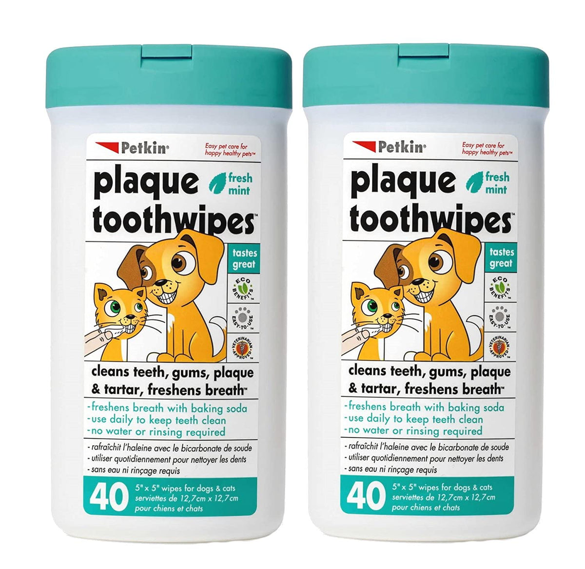 Petkin Cat and Dog Dental Wipes, 80 Wipes (Fresh Mint) - Natural Formula Cleans Teeth, Gums & Freshens Breath - for Daily Use - Convenient Dog Dental Care - 2 Packs of 40 Wipes (80 Wipes Total)