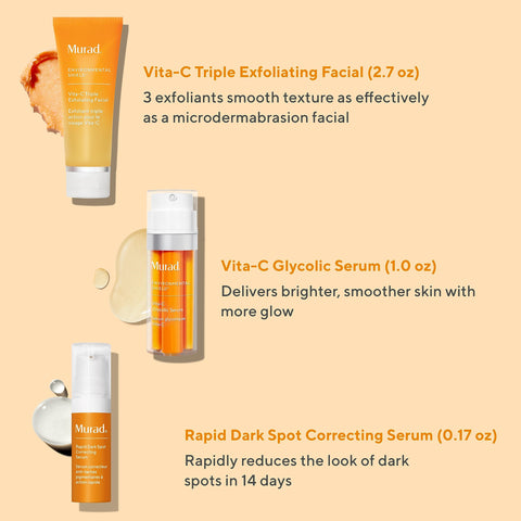 Murad The Dark Spot Correctors - 3-Piece Set ($190 value) - Vita-C Triple Exfoliating Facial 2.7Oz, Vita-C Glycolic Serum 1Oz, & Rapid Dark Spot Correcting Serum 0.17Oz