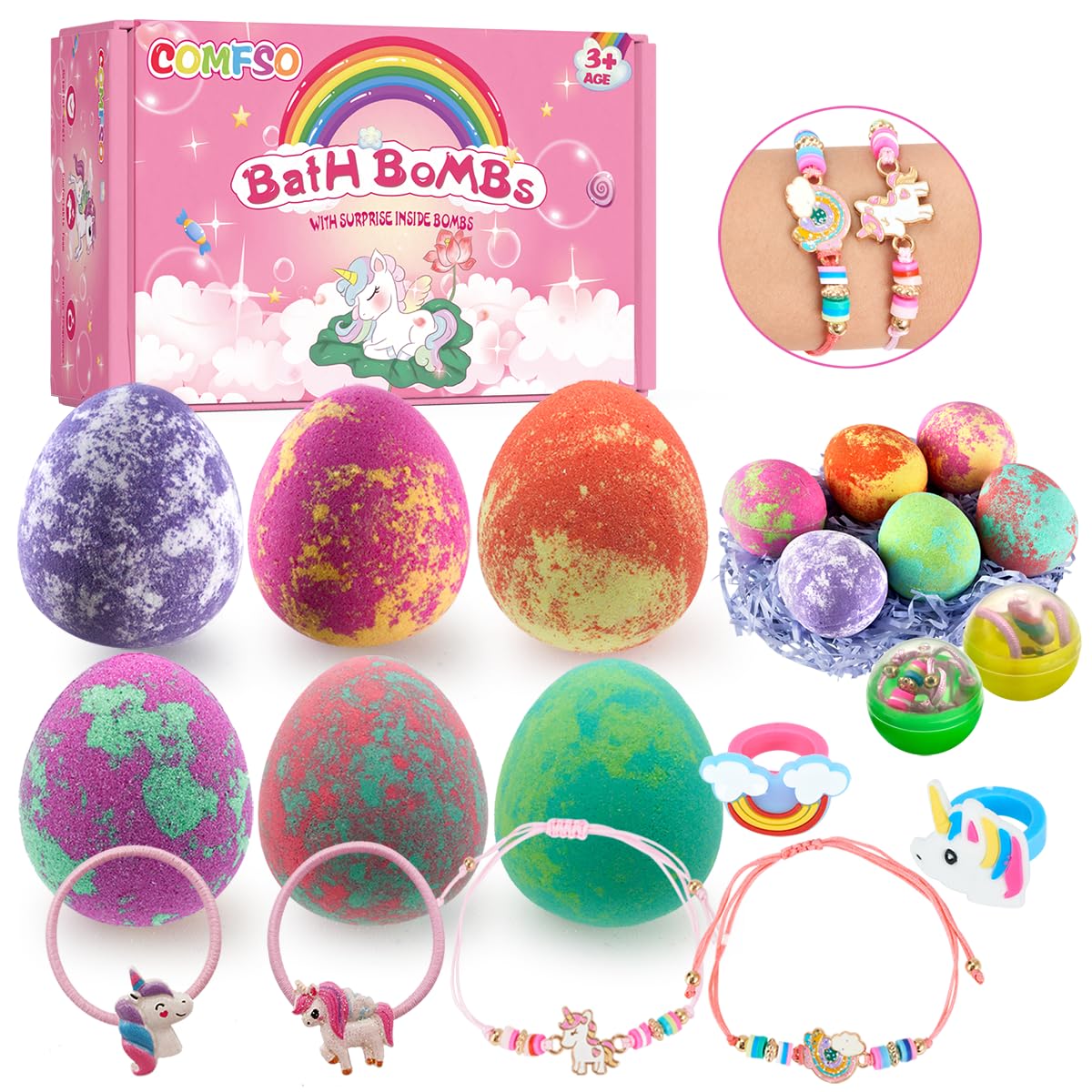 Easter Bath Bombs for Kids, Easter Basket Stuffers for Girls Boys Toddler, Unicorn Easter Eggs Bath Bomb with Surprise Inside, Easter Gifts for Kids Girls, Jewelry, Dino Bubble Bath Birthday