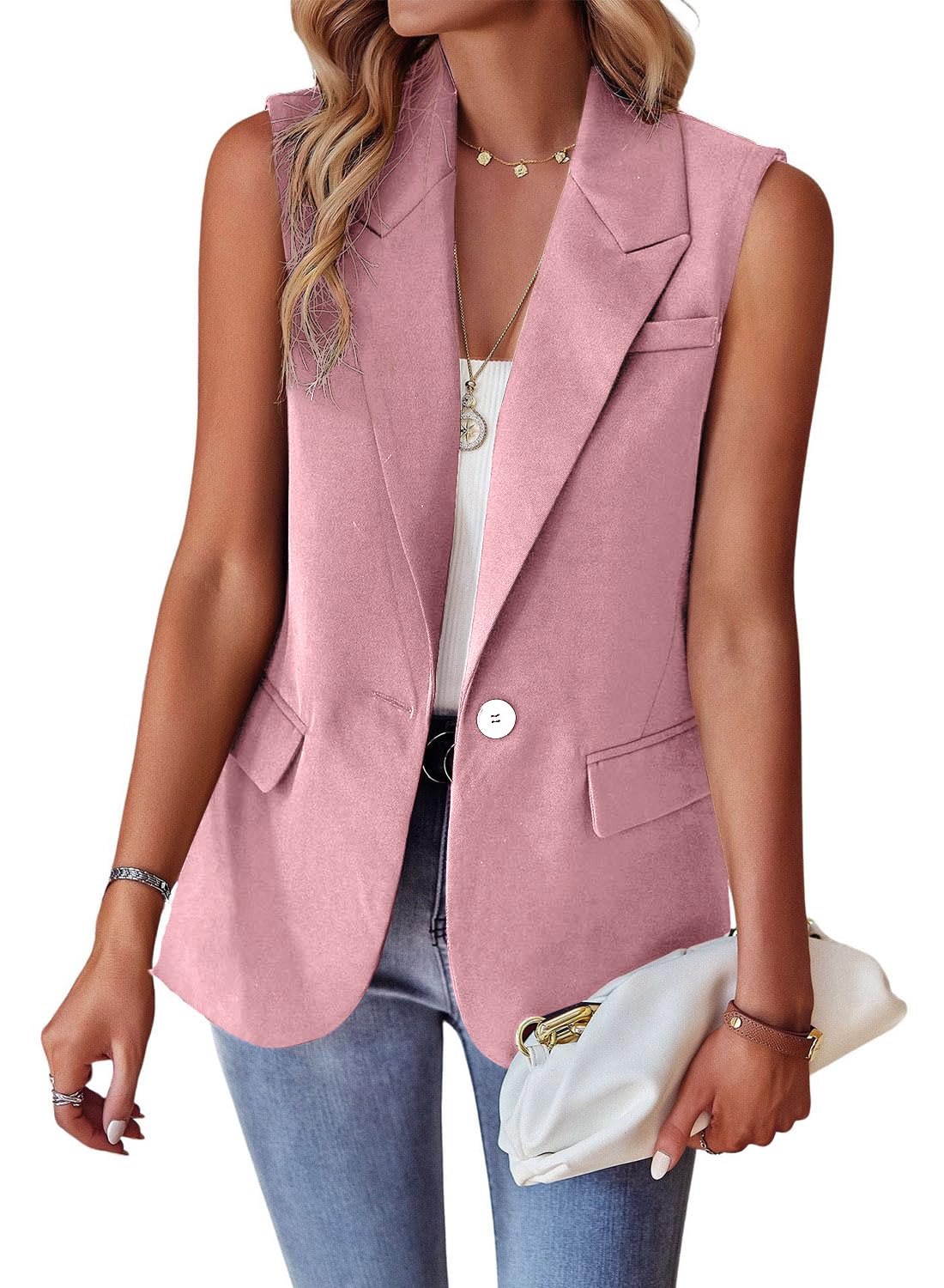 utcoco Women's Casual Business Blazer Vest Sleeveless Open Front Blazer Waistcoat with Pockets (Medium, Pink)