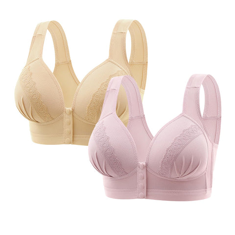 2 Pcs Snap Front Daisy Bras for Women Senior Breathable Snap Lace Bras Wire Free Bras for Women Front Closure Button Bra, Yellow+pink, 38