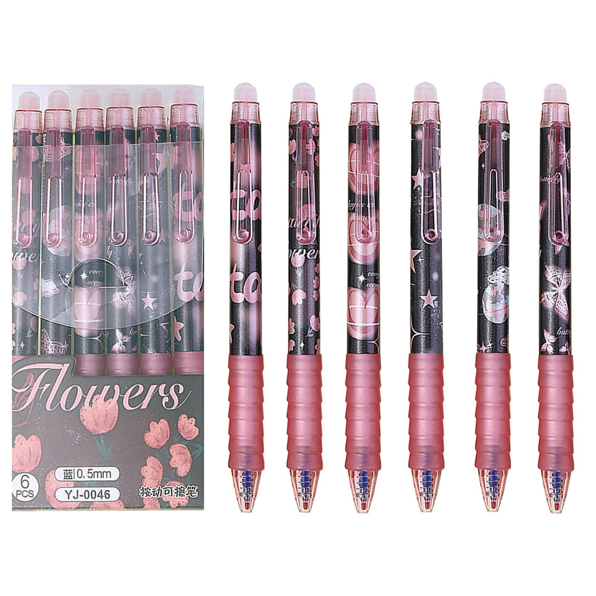 MOZXIRZ 6 Pcs Erasable Gel Ink Pens Retractable Pens 0.5mm Blue Ink Pen Office School Pens Cute Aesthetic Pens Women Girls Pens (Blue Ink-Flowers)