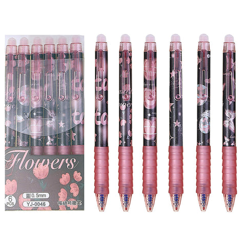MOZXIRZ 6 Pcs Erasable Gel Ink Pens Retractable Pens 0.5mm Blue Ink Pen Office School Pens Cute Aesthetic Pens Women Girls Pens (Blue Ink-Flowers)