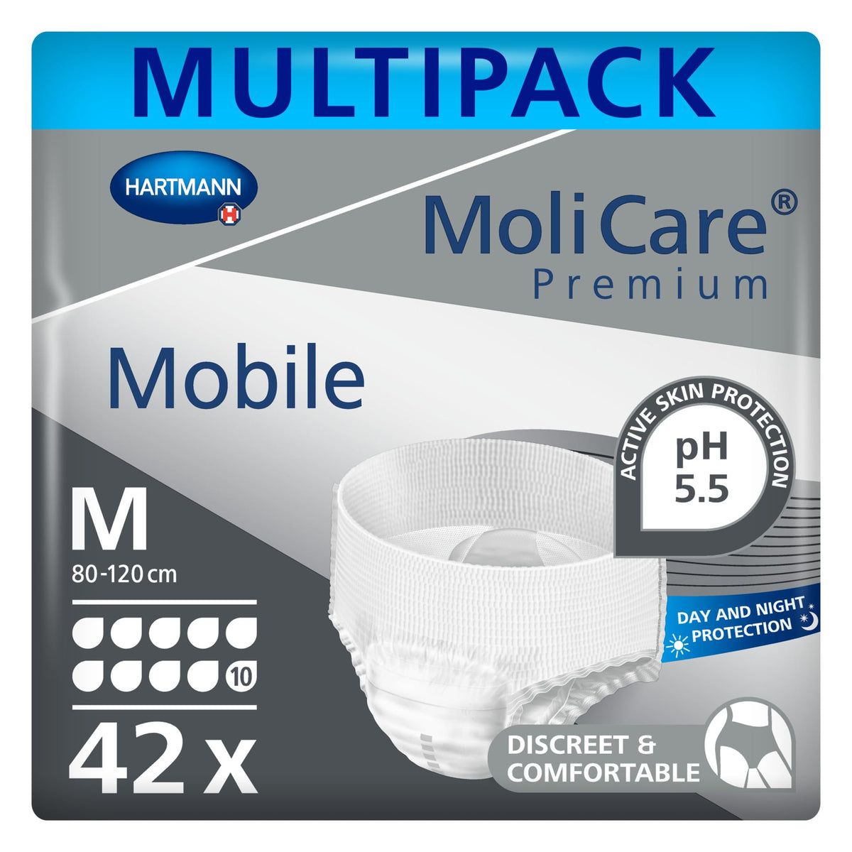 MoliCare Premium Mobile Disposable Pull Up Pants: Discreet Use for Woman and Men with Incontinence; 10 Drops, Size M, Pack of 42