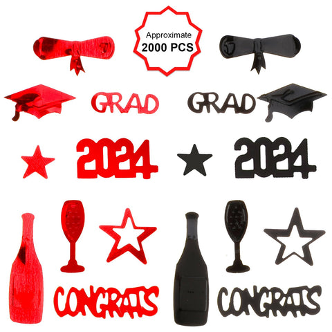 Konsait 2024 Graduation Confetti, Black Red Graduation Decor Party Supplies, 2 Oz/ 1500 Pieces Graduation Table Decorations Congrats Stars 2024 Cap Goblet Diploma Confetti for Birthday Grad Favors