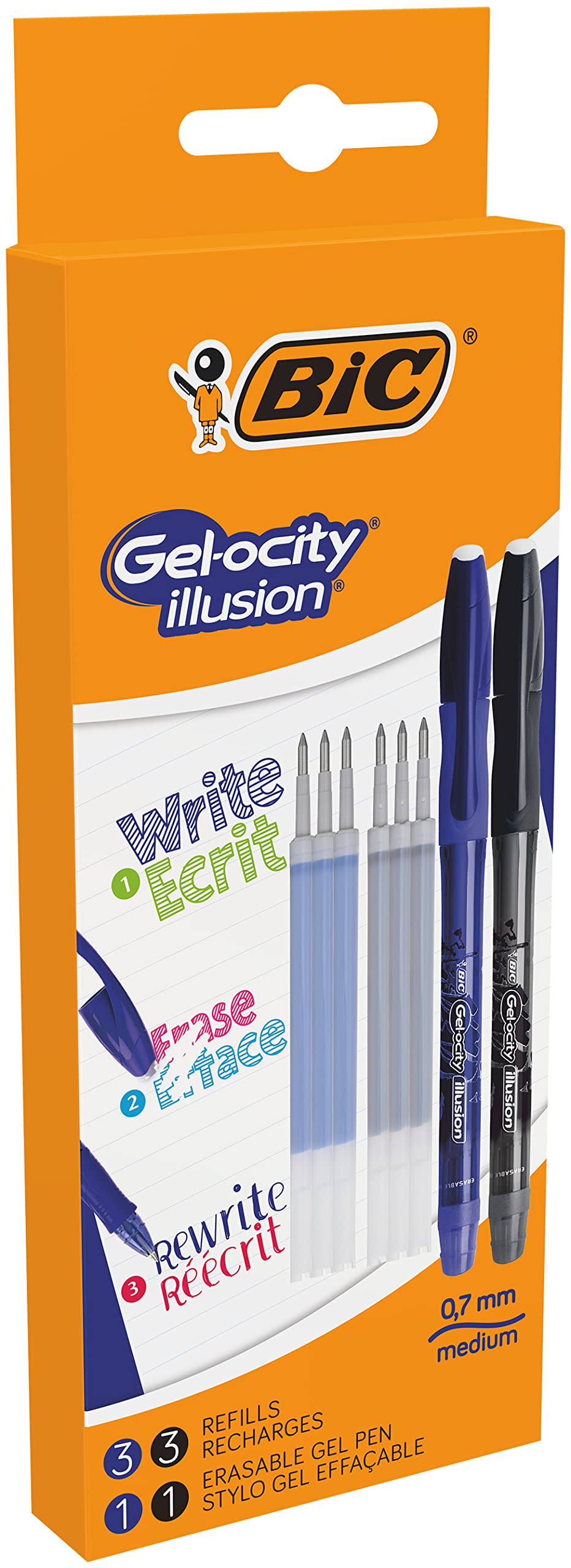 Bic Gel-ocity Illusion Erasable Gel Pen Medium Nib (0.7 mm) - Blue and Black, Pack of 2 + 6 Refills