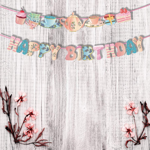 Konsait Tea Happy Birthday Banner Hanging Garland Lets Par Tea Teapot and Teacup Birthday Banner for Alice in Wonderland Tea Party Decorations Birthday Party Favor Supplies Photo Booth Backdrop