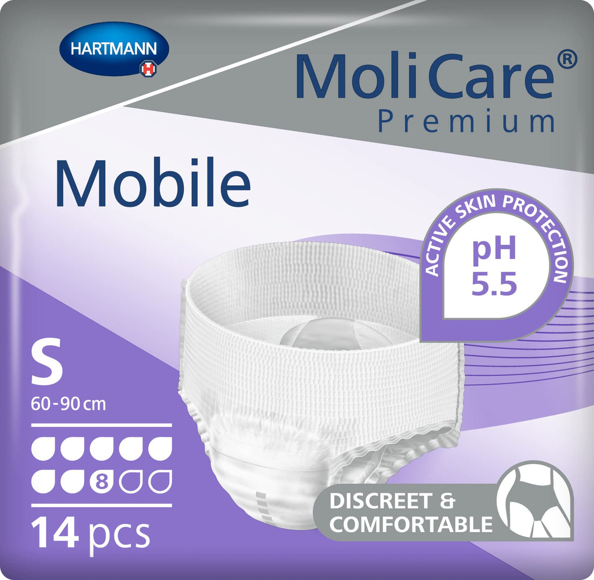 MoliCare Premium Mobile Disposable Underpants: Discreet Usage for Woman and Men with Incontinence; 8 Drops, Size S, Pack of 14, White