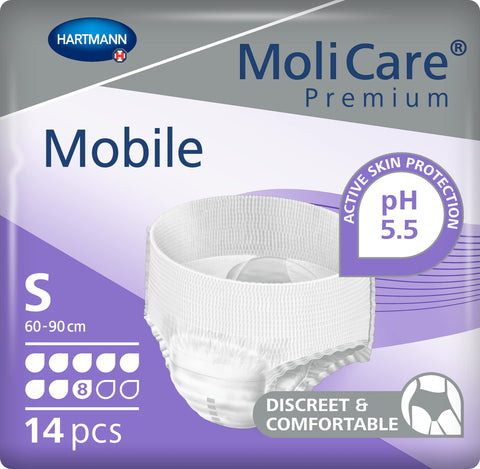 MoliCare Premium Mobile Disposable Underpants: Discreet Usage for Woman and Men with Incontinence; 8 Drops, Size S, Pack of 14, White