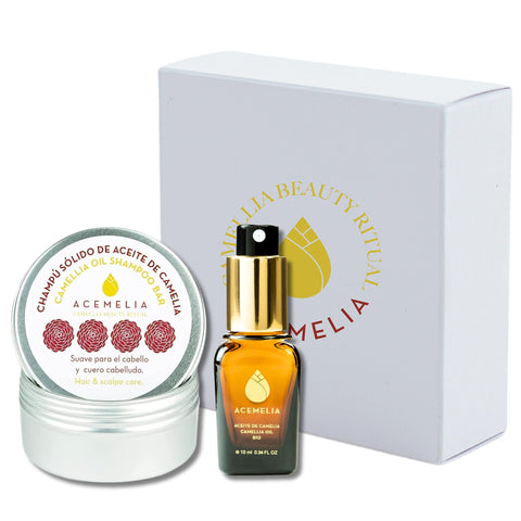 Acemelia Beauty Hair Pack: Natural Hair and Scalp Treatment | Camellia Oil Solid Shampoo and 100% Organic Nourishing Oil | Curly Girl Method | Handcrafted Production