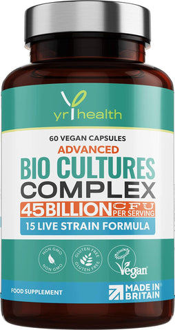 Vegan Bio Cultures Complex - 45 Billion CFU, 15 Active Bacteria Strains - Maximum Strength Multi Strain Complex - Probiotics Women Gut Health and Men, 60 Capsules - Made in The UK by YrHealth