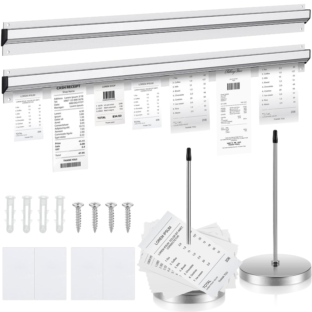 Photect 4 Pcs Ticket Holder for Restaurant Set Including 2 Stainless Steel Receipt Holder Spike Ticket Spike and 2 Aluminum Slide Rack Rail for Restaurant Cafes Kitchen(Silver, 27.6 x 2.3 Inch)