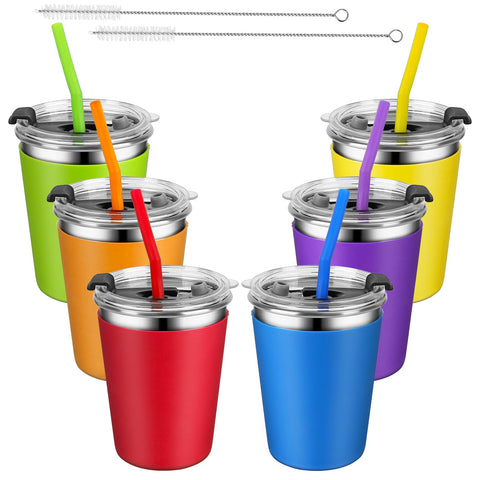 Kids Cups with Lids and Straws, 12oz Spill Proof Drinking Cups Stainless Steel Sippy Cups for Baby, Kids Tumblers with Straws and Lids Toddler Insulated Smoothie Cups Mugs for School, Outdoor, 6 Pack