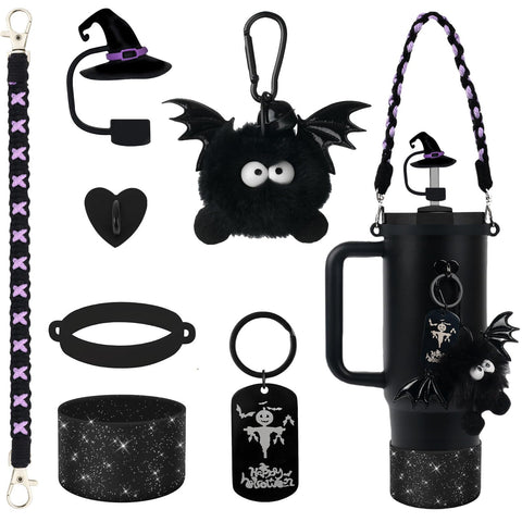 BELSITA Halloween Accessories Set - Black Devil Witch Hat Cap, Silicone Stanley Cup Boot, Charms for 30/40oz Tumble