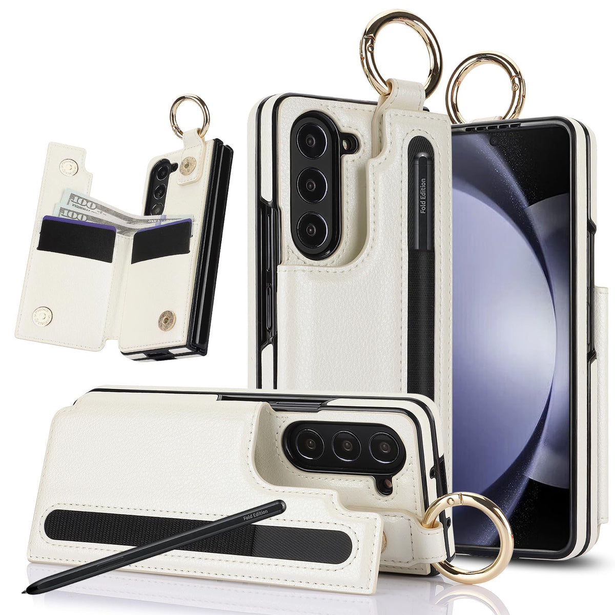 XIMAND for Samsung Galaxy Z Fold 6 Wallet Case with S-Pen Holder and Credit Card Holder, Cash Slot, Luxurious Leather Magnetic Clasp Kickstand Heavy Duty Ring Protective Cover.(White)