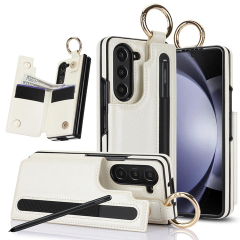 XIMAND for Samsung Galaxy Z Fold 6 Wallet Case with S-Pen Holder and Credit Card Holder, Cash Slot, Luxurious Leather Magnetic Clasp Kickstand Heavy Duty Ring Protective Cover.(White)