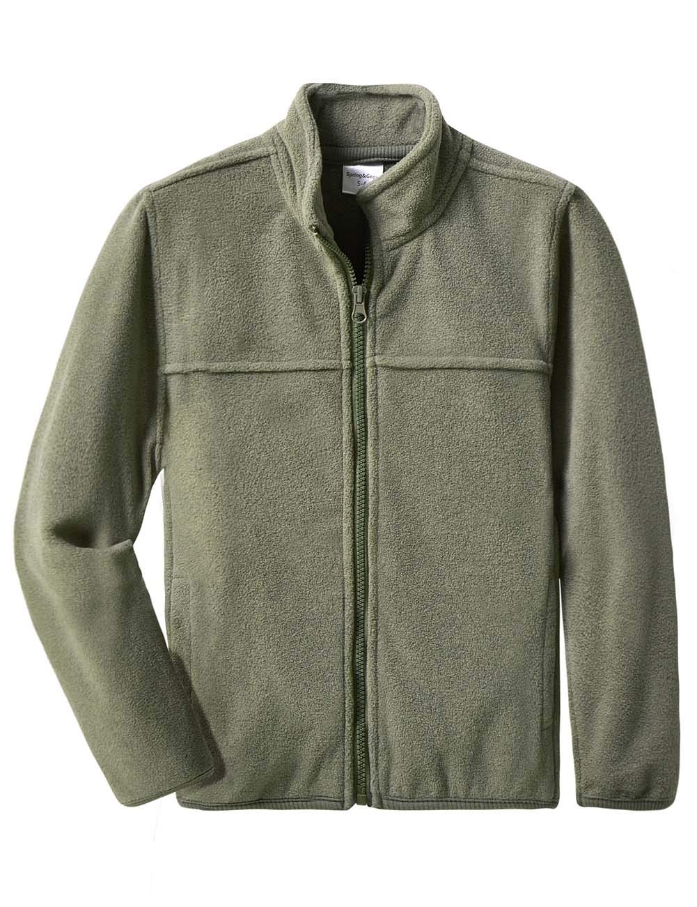Spring&Gege Kids Solid Full-Zip School Outdoors Polar Fleece Jacket for Boys Olive Size 9-10 Years