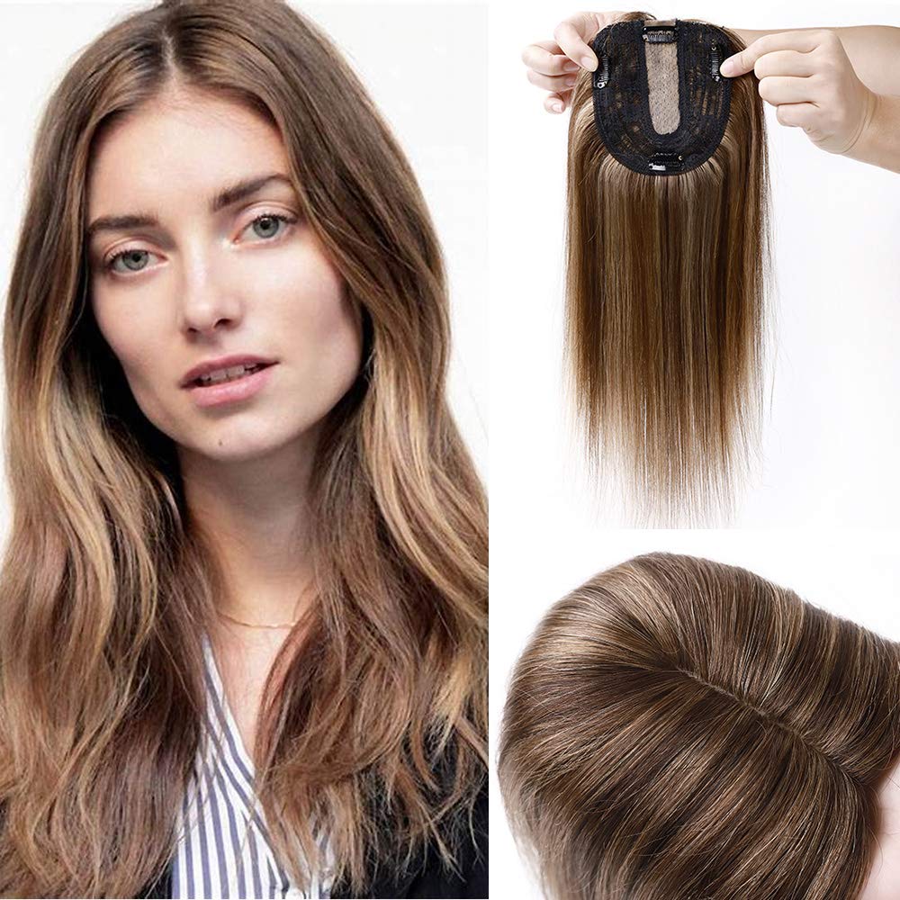 SEGO Clip in Hair Topper For Women, No Bangs Remy Human Hair Toppers Silk Base Top Wiglet Hairpieces for Hair Loss Thinning Hair Cover Grey Hair 4 Clips