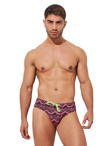 F plus R Men's Low Rise Swimwear Briefs Print Bikini Swimsuit Adjustable Drawstring Removable Pad, A-lace, Medium