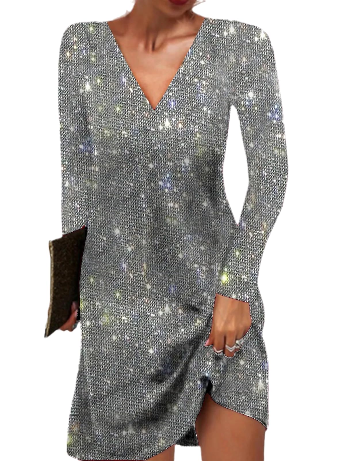 Chahuer Women's Sequin Dress Sparkly Glitter V Neck Long Sleeve Dress Party Night Club Dress Silver-Gray XL
