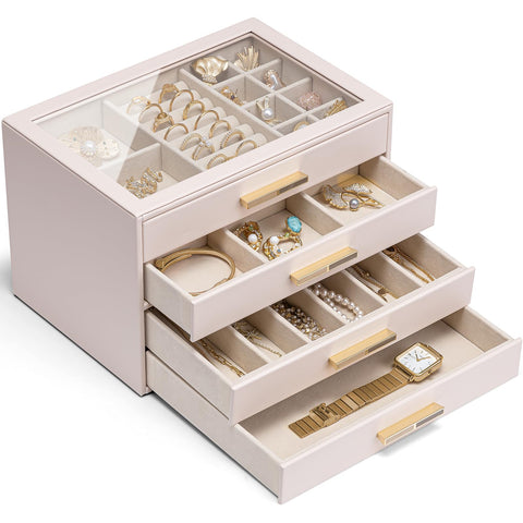 Vlando Large Jewellery Box with 4 Levels, Jewellery Organiser with Glass Lid, 4 Drawers, for Necklaces, Earrings, Watches, Bracelets, Jewellery Storage, Modern, Cinderella Plus, Pink