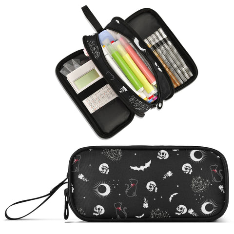 XUWU Skull Cat Moon Goth large capacity pencil case 3 Compartments Big Storage Makeup Pouch Desk Organizer Stationery Bag Marker Pen Case for Teen Boys Girls School Students