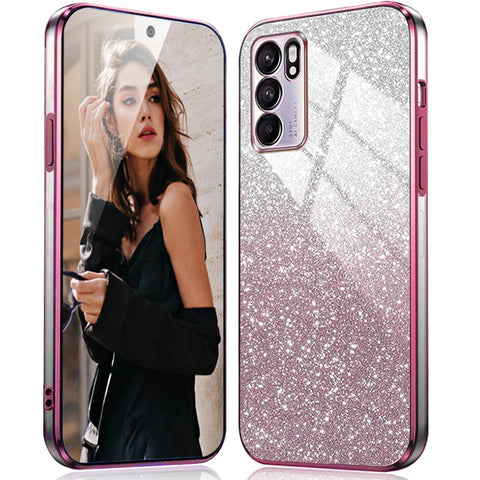 DESSEN Glitter Clear Phone Case for Oppo Reno 6 5G / Reno6 5G - Transparent Silicone Cover Electroplated Frame + Glitter Card Design Bling Sparkly Shockproof Protective Flexible Soft Bumper, Pink