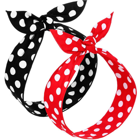 Hicarer 2 Pieces Polka Dot Headbands for Women Headband Retro Bandana Halloween Dress Up 50s Wire Headband Vintage Print Christmas Hairband(0.51 Inch,Red, Black)