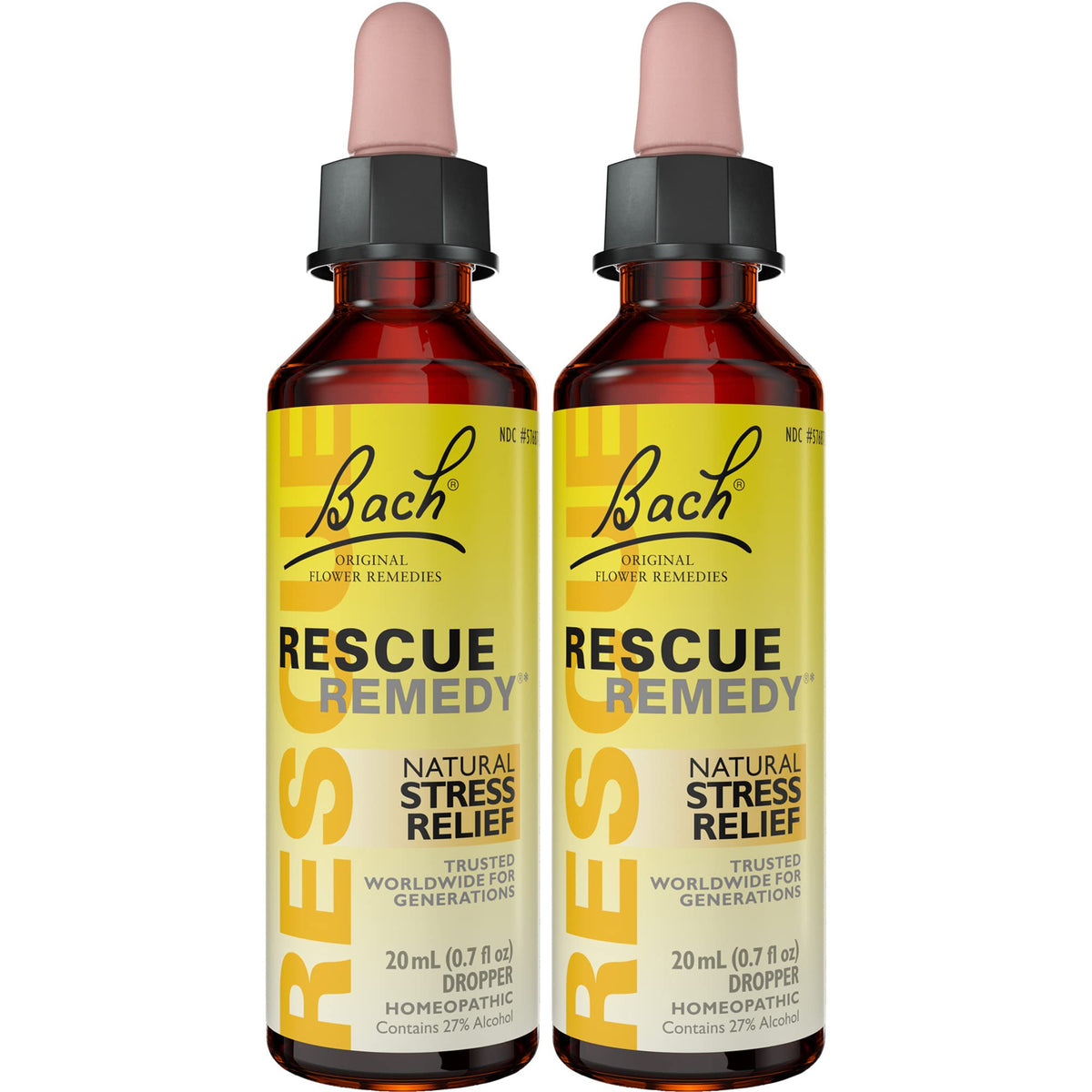 Bach RESCUE Remedy Dropper, Natural Stress Relief, Homeopathic Flower Essence, Vegan, Gluten & Sugar-Free, Non-Habit Forming, 2 Pack, 20mL Ea