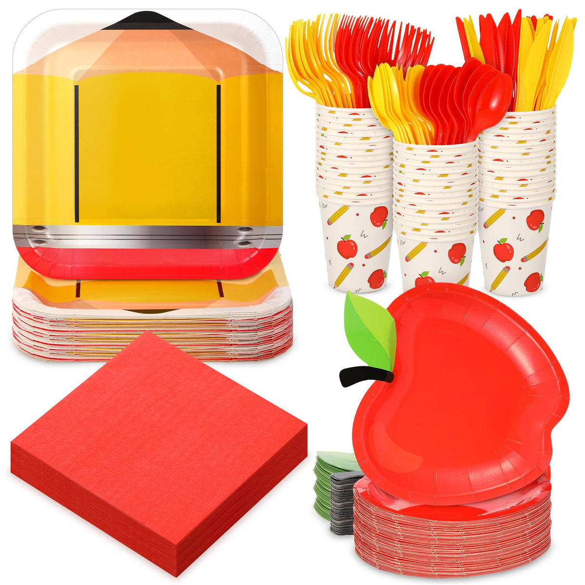 Zubebe 120 Pcs Back to School Paper Plates and Napkins Cups 24 Guests First Day of School Disposable Plates Supplies School Season Table Decorations for Kindergarten Graduation Party (Apple,pencil)