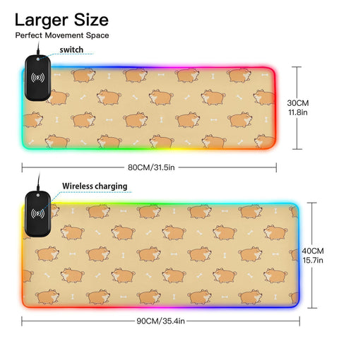 Fat Shiba Inu Dog Cartoon Pattern Wireless Charging Mouse Pad for Mobile Phone Extra Large Gaming Mousepad with 13 Lighting Modes Computer Mat for Office Home Gaming MacBook PC Laptop Desk