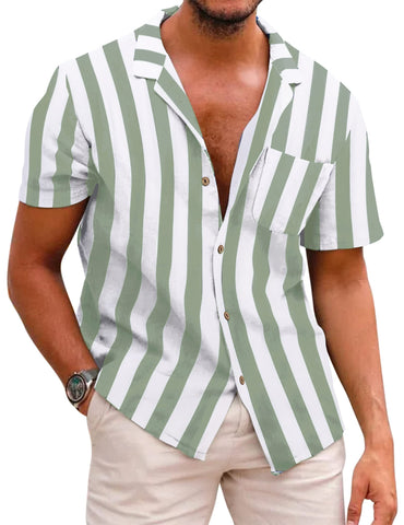 COOFANDY Men Casual Striped Shirt Short Sleeve Linen Button Down Shirts Beach Wear