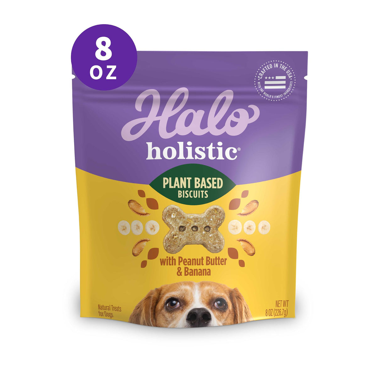 Halo Plant-Based Dog Treats with Peanut Butter and Banana, Vegan Dog Treat Pouch, 8oz bag