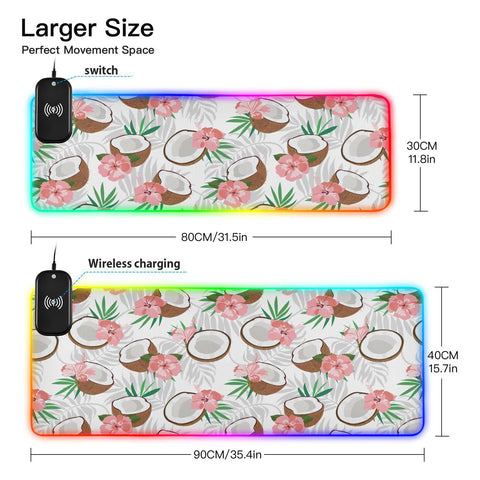 Coconut Piece Palm Leaves Hibiscus Wireless Charging Mouse Pad for Mobile Phone Extra Large Gaming Mousepad with 13 Lighting Modes Keyboard Mat for Gaming MacBook PC Laptop Desk Home Office