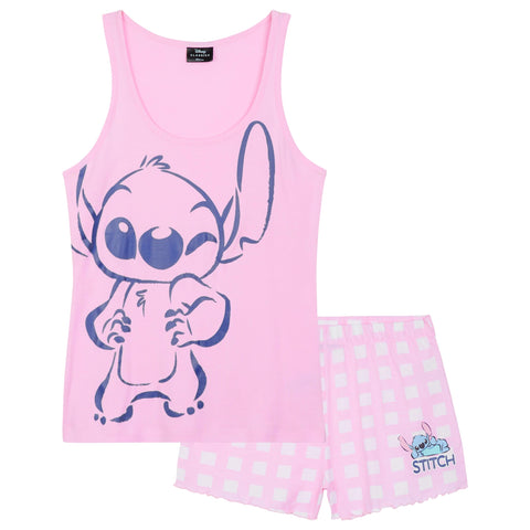 Disney Stitch Womens Short Pajamas Set, Comfy Lounge Wear - Stitch Gifts (Pink, L)