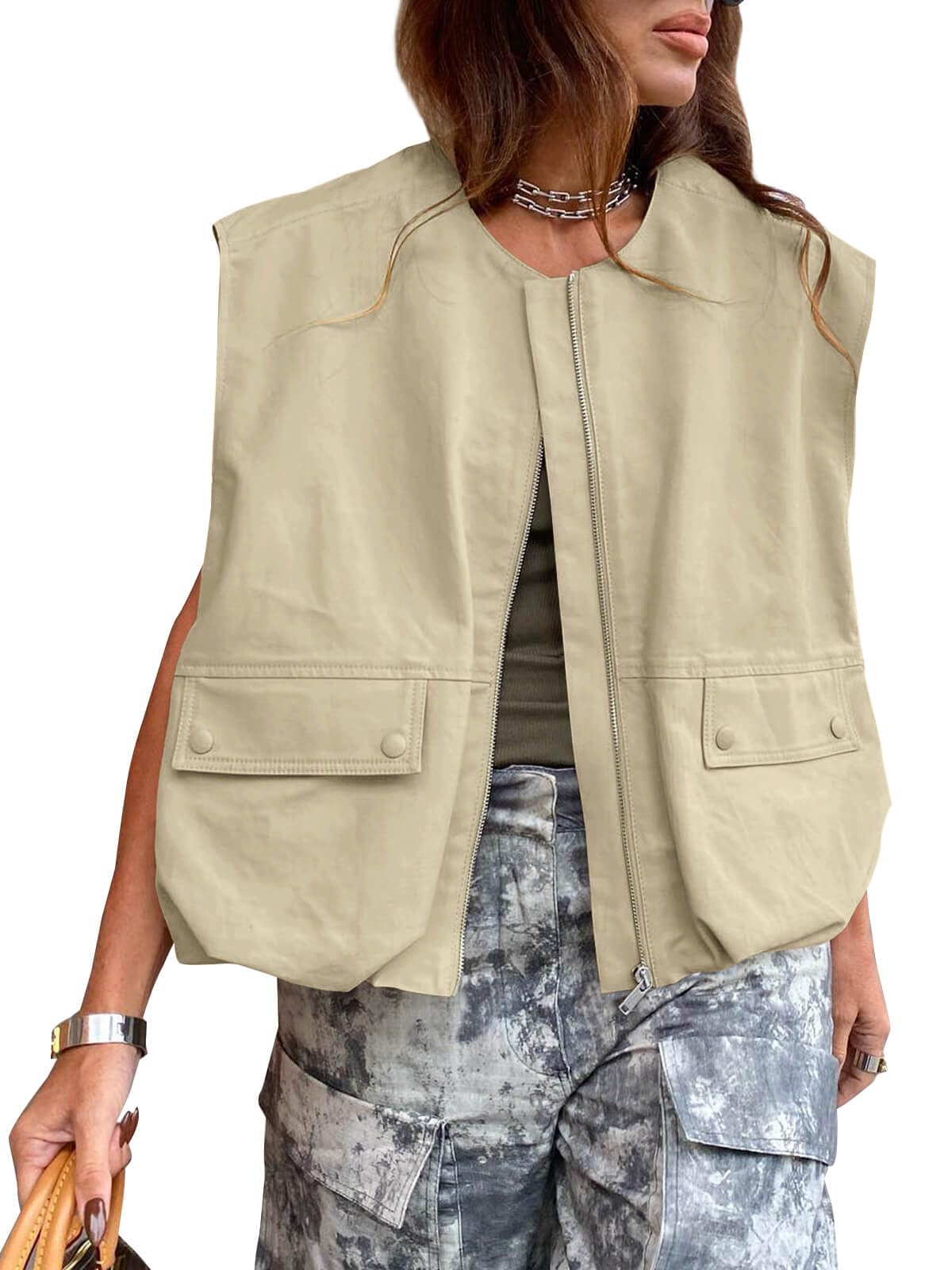 Tankaneo Womens Casual Zip Up Vest Cargo Oversized Ruched Hem Sleeveless Blazer Jackets Tops
