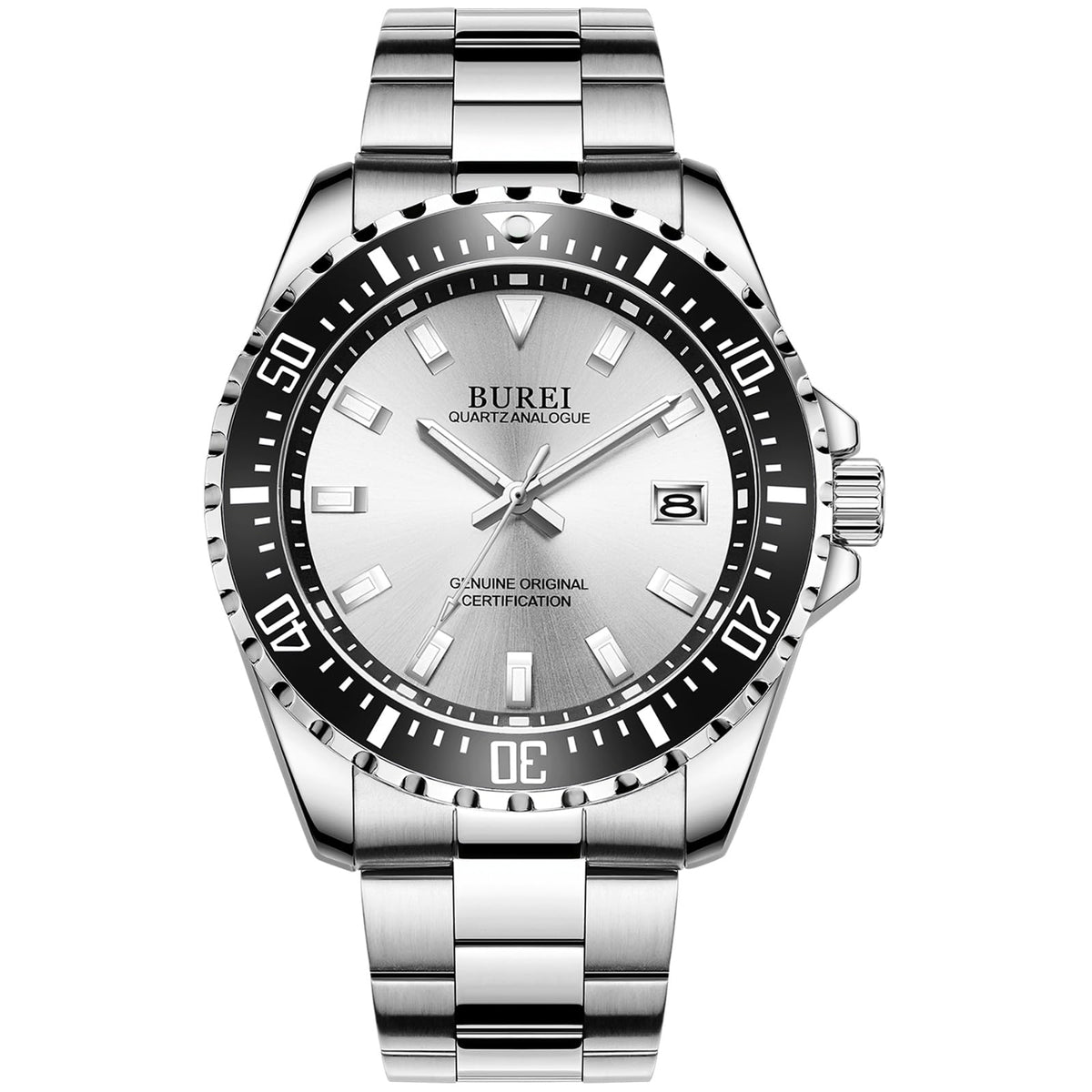 BUREI Men's Stainless Steel Analogue Quartz Watch, silver, Bracelet