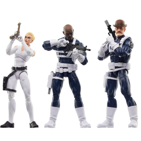 Marvel Legends Series S.H.I.E.L.D. Nick Fury Jr., Sharon Carter, and Dum Dum Dugan Action Figures