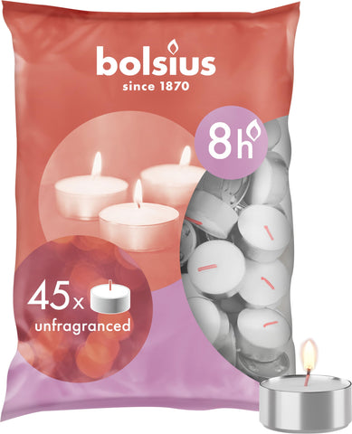 Bolsius Tealight Candles - White - Pack of 45 - Long Burning Time of 8 Hours - Household Candle - Interior Decoration - Unscented - No Drip - Smokeless - Natural Vegan Wax - No Palm Oil
