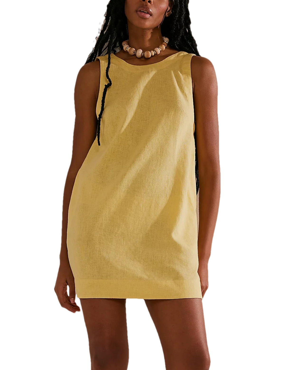 Megfie Womens Summer Crew Neck Sleeveless Open Back Dress Casual Beach Sunshine Cotton Linen Mini Dress(0793-Yellow-M), Medium, Yellow