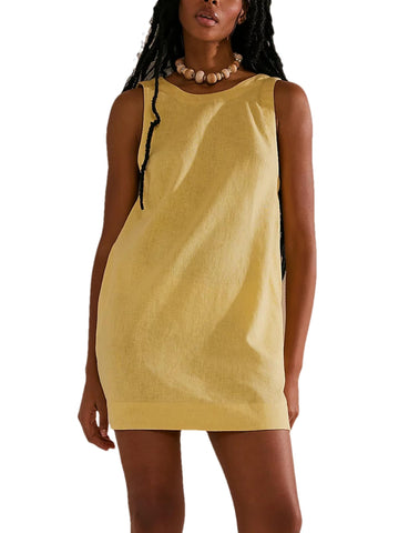 Megfie Womens Summer Crew Neck Sleeveless Open Back Dress Casual Beach Sunshine Cotton Linen Mini Dress(0793-Yellow-M), Medium, Yellow