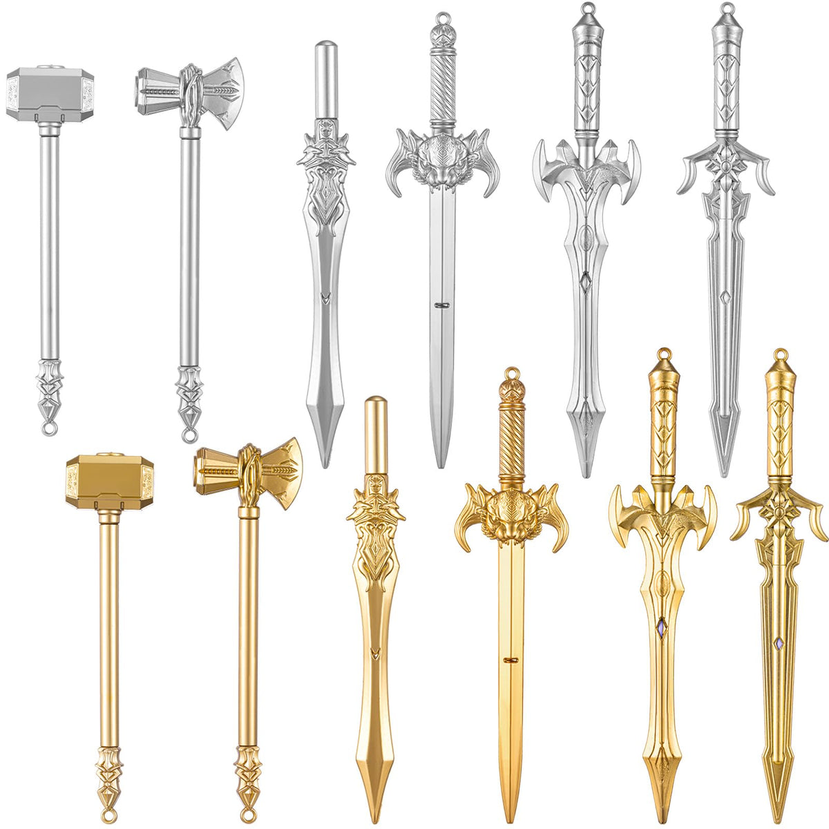 Zonon 12 Pack Ancient Sword Pens Set Fun Novelty Dragon Pens Novelty Gel Ink Cool Plastic Pens for Birthday Party Boy Presents and School Writing (Silver and Gold,Cool Style)